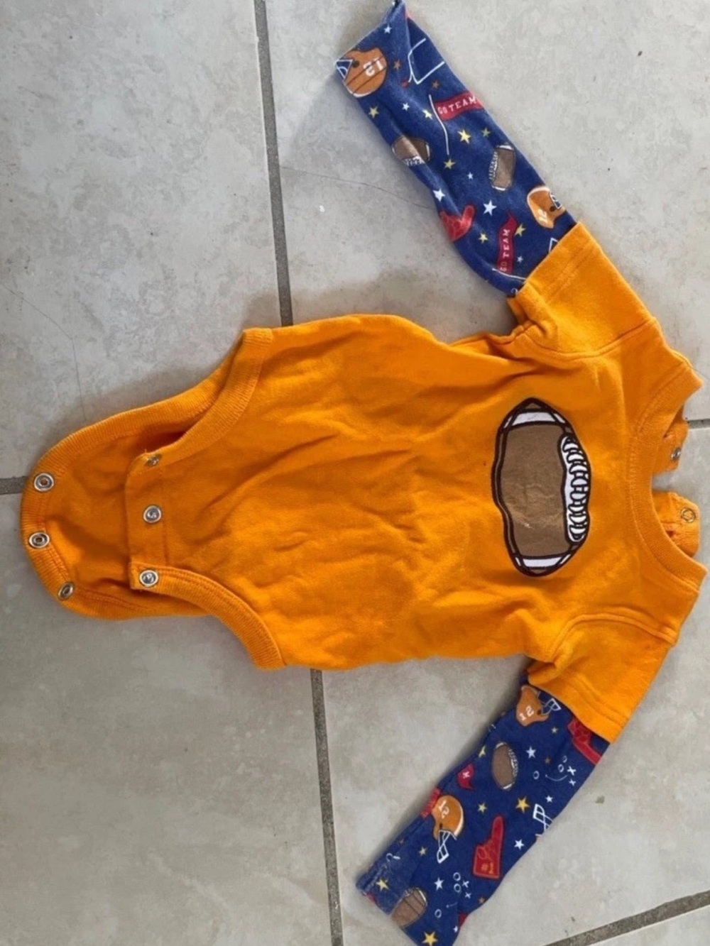 Falls Creek Orange Football Bodysuit with Navy Football-Print Sleeves